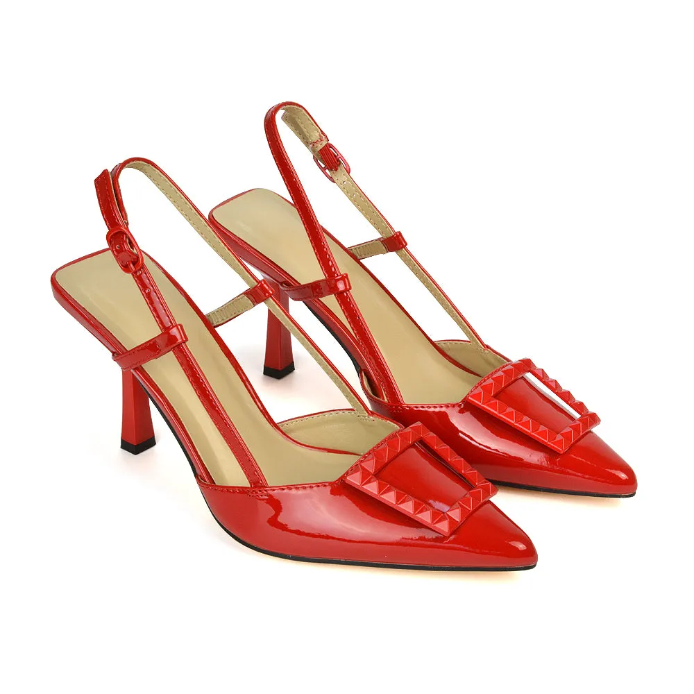 Lara Pointed Toe Square Buckle Slingback Stiletto High Heels Court Shoes in Red Patent