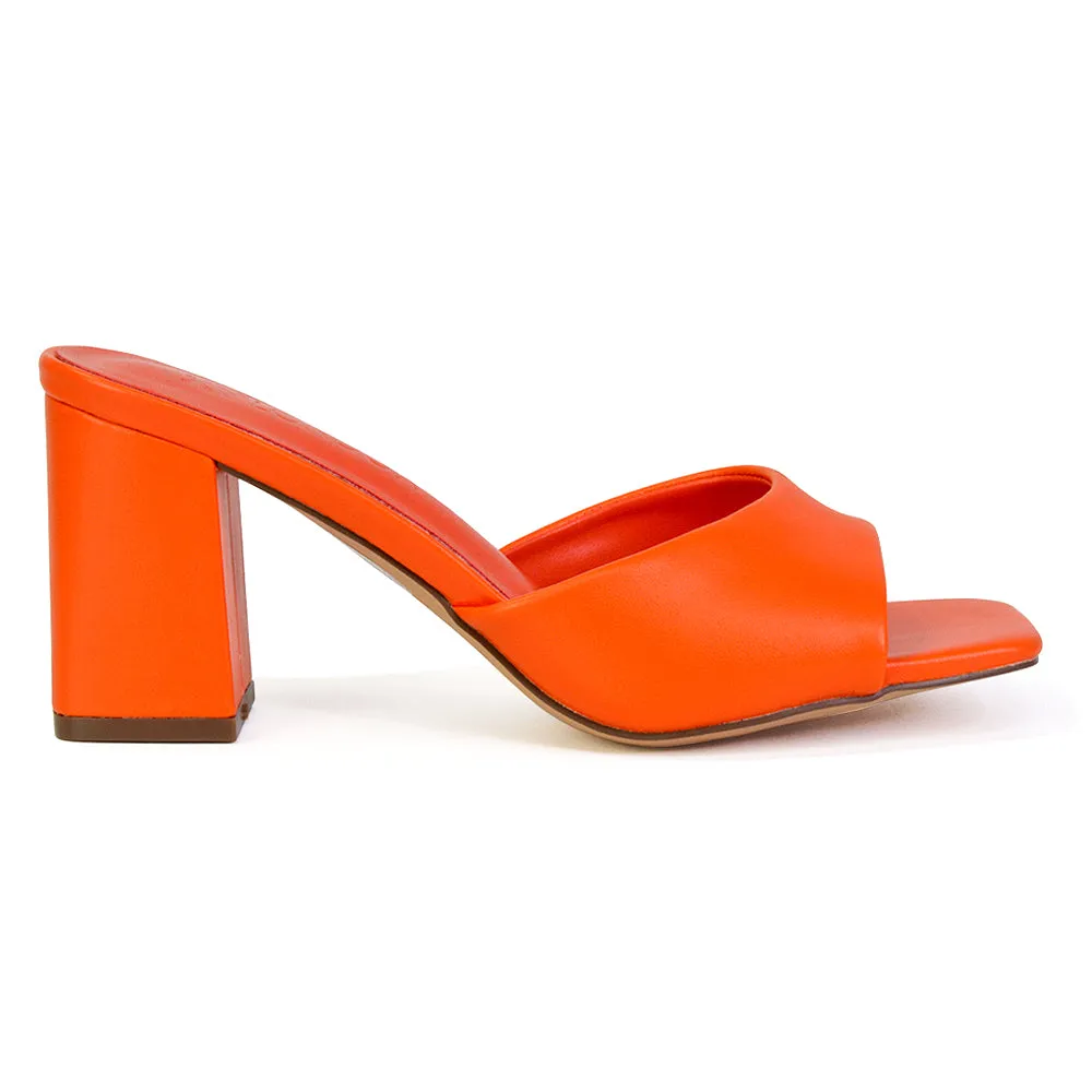 Lennon Square Toe Slip On Mid Block Heel Sandal Mule Sandals in Orange