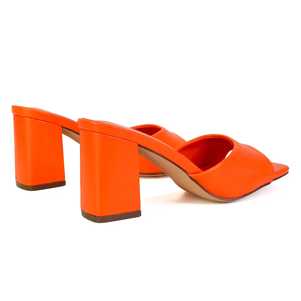 Lennon Square Toe Slip On Mid Block Heel Sandal Mule Sandals in Orange