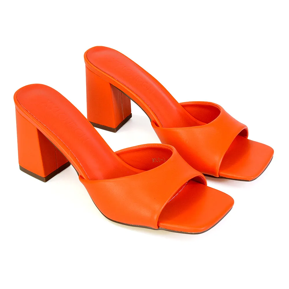 Lennon Square Toe Slip On Mid Block Heel Sandal Mule Sandals in Orange