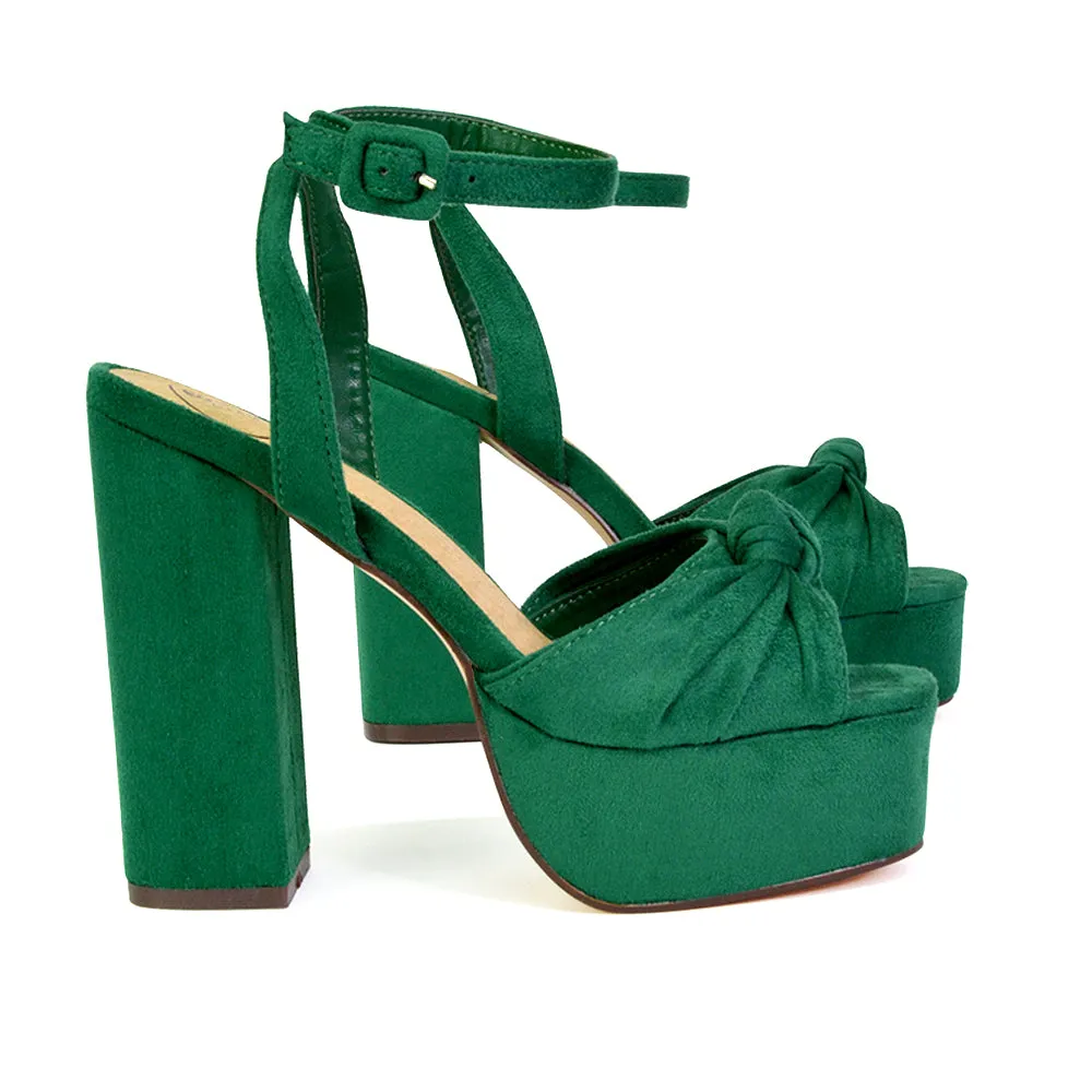 Lillian Peep Toe Strappy Chunky Block High Heel Platform Shoes in Green Faux Suede