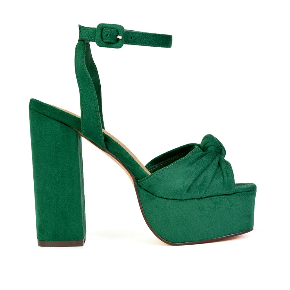 Lillian Peep Toe Strappy Chunky Block High Heel Platform Shoes in Green Faux Suede