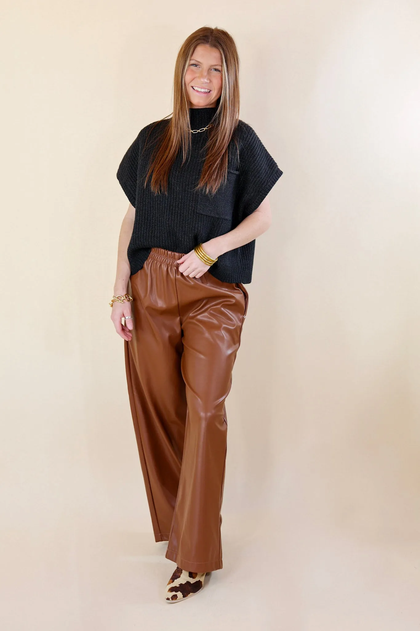 Luxe Feeling Wide Leg Faux Leather Pants in Brown