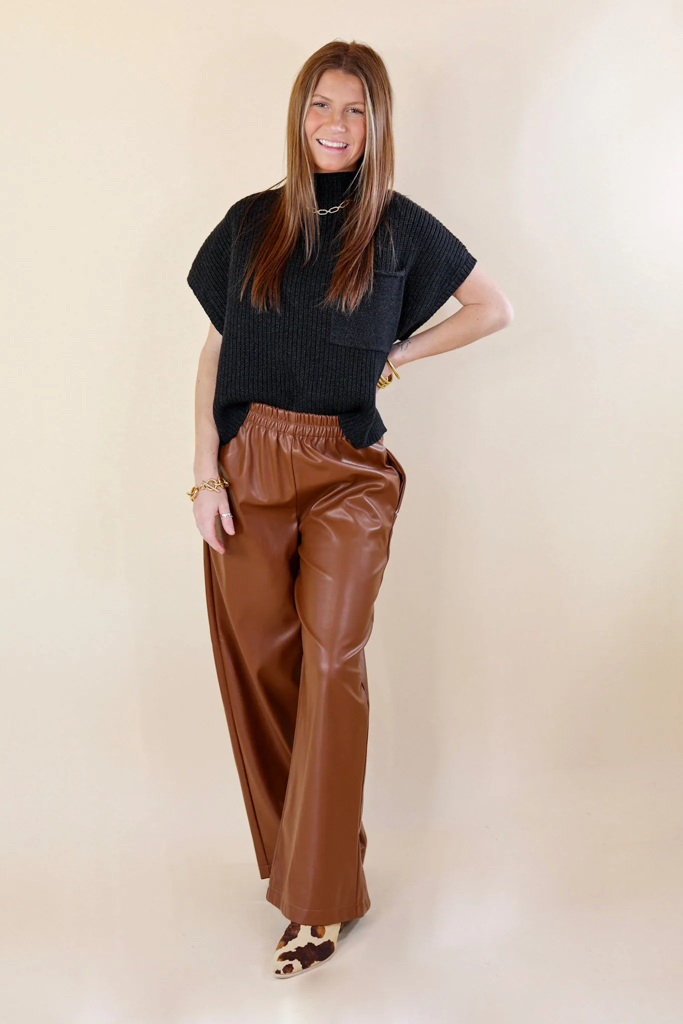 Luxe Feeling Wide Leg Faux Leather Pants in Brown