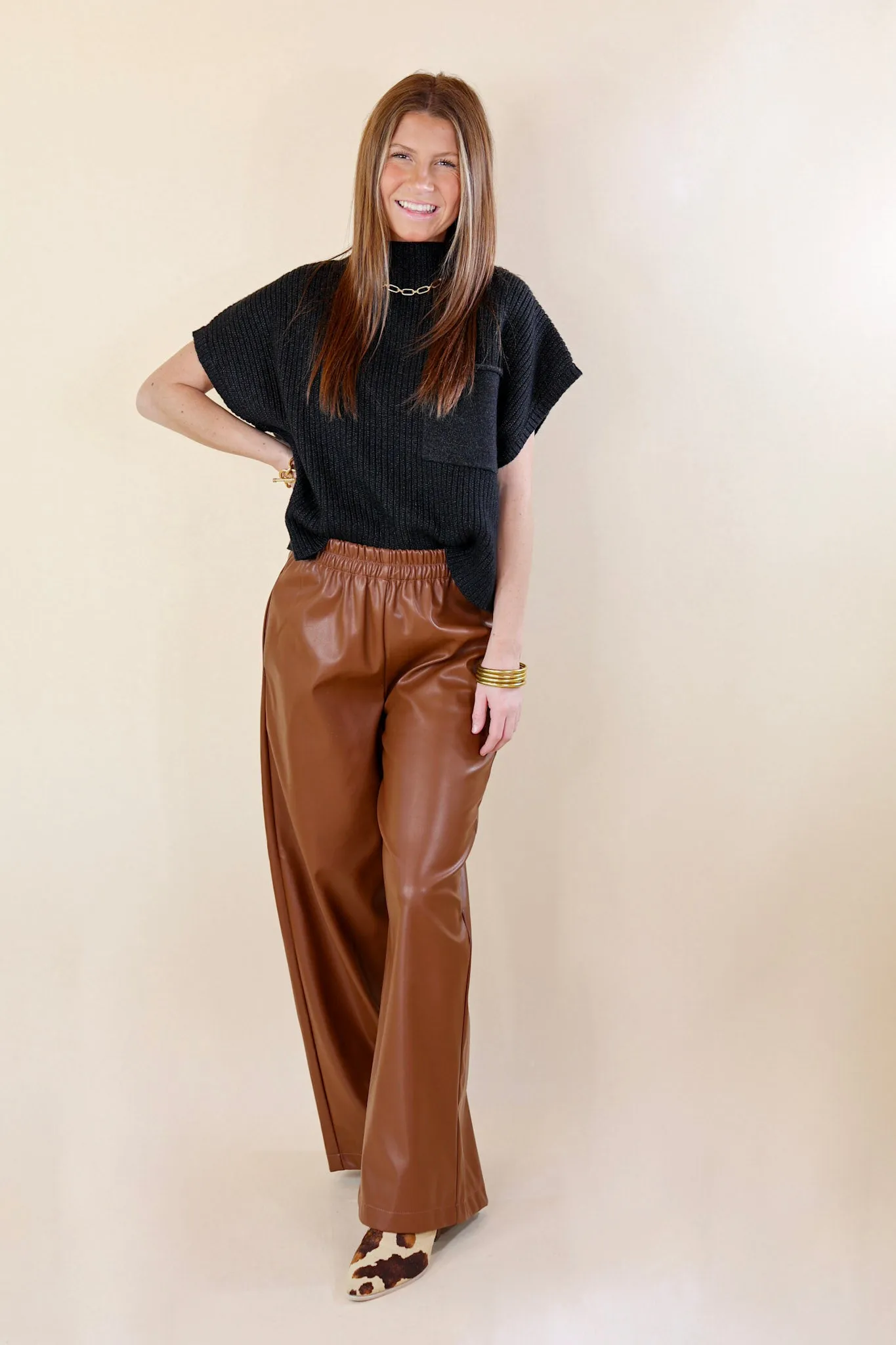 Luxe Feeling Wide Leg Faux Leather Pants in Brown