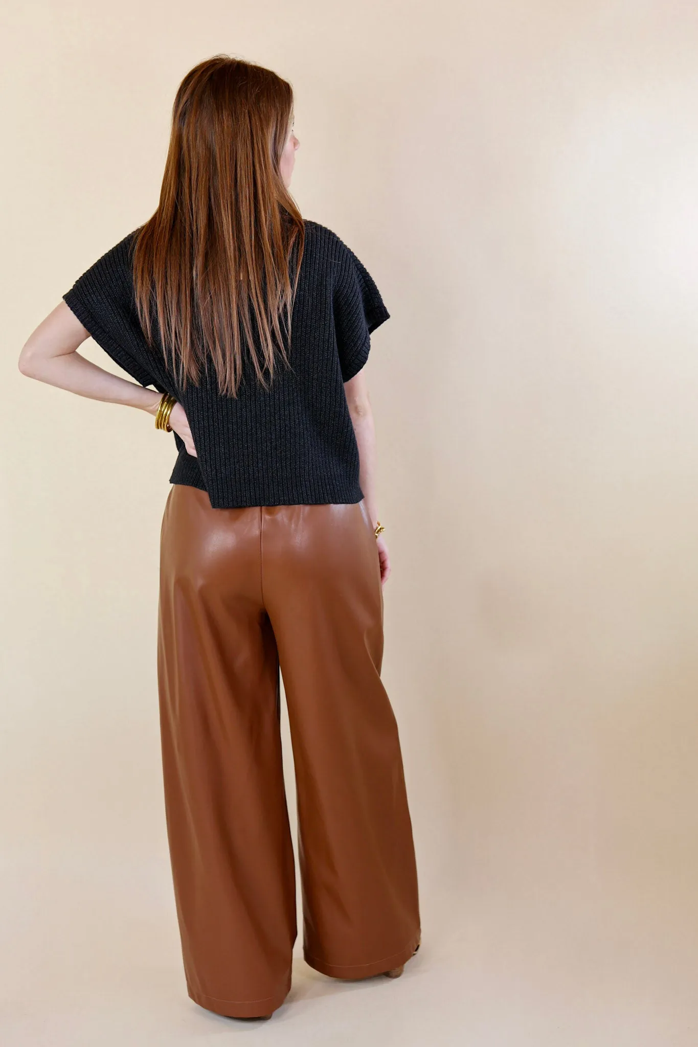 Luxe Feeling Wide Leg Faux Leather Pants in Brown