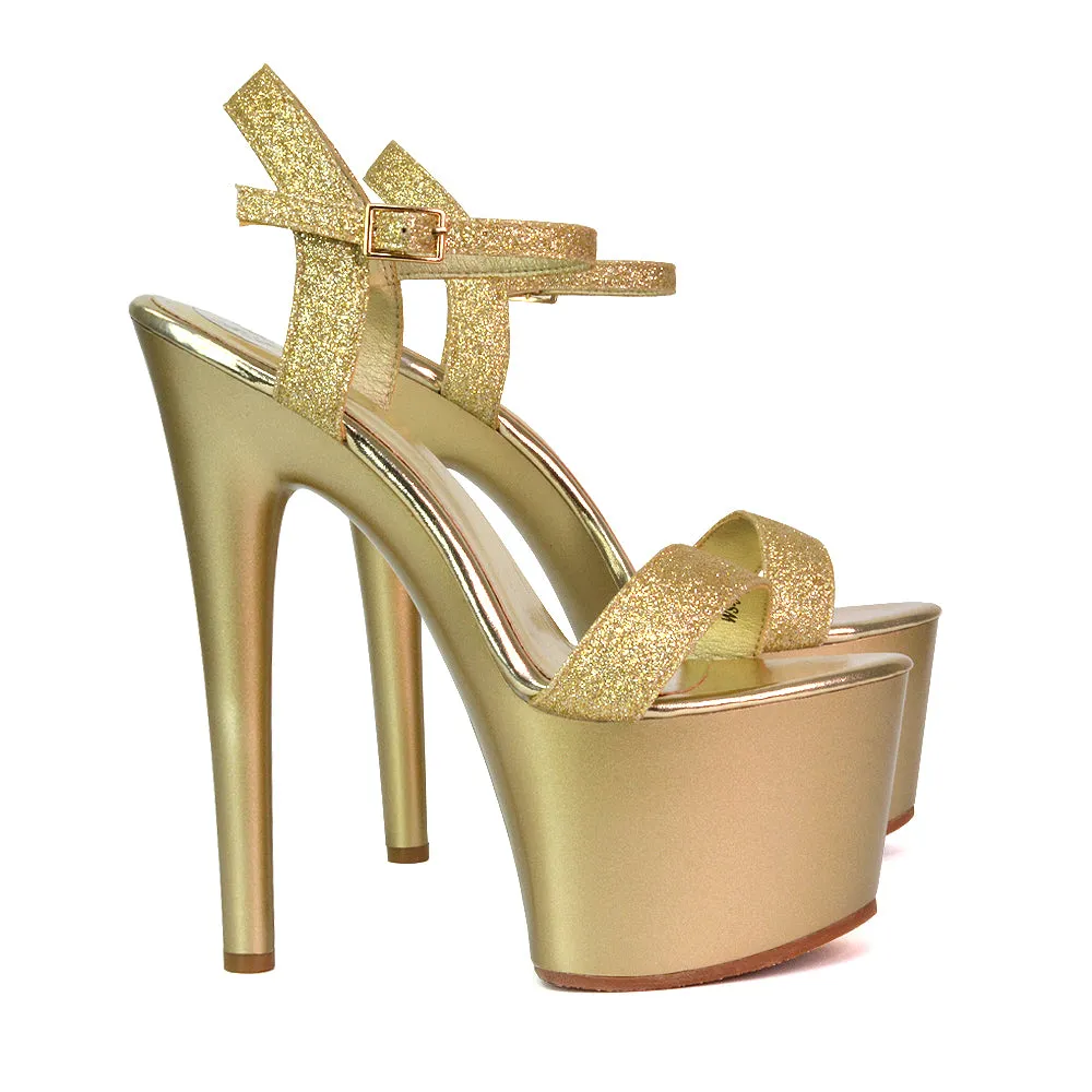 Matilda Statement Strappy Sky High Stiletto Platform Heels in Nude Patent