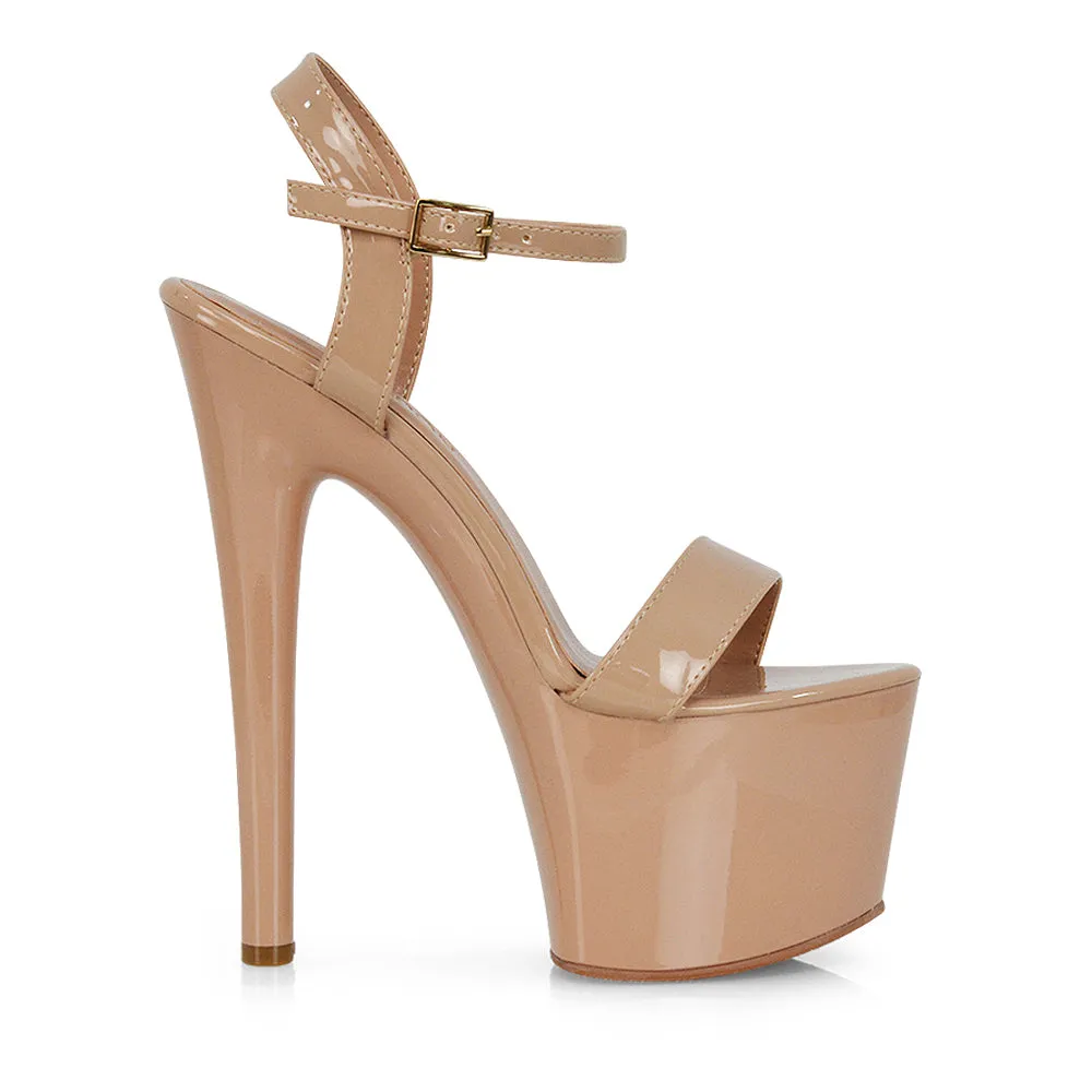 Matilda Statement Strappy Sky High Stiletto Platform Heels in Nude Patent