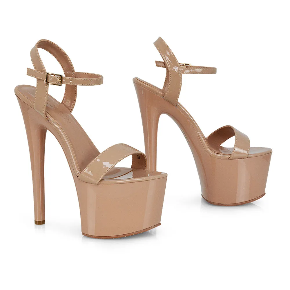 Matilda Statement Strappy Sky High Stiletto Platform Heels in Nude Patent