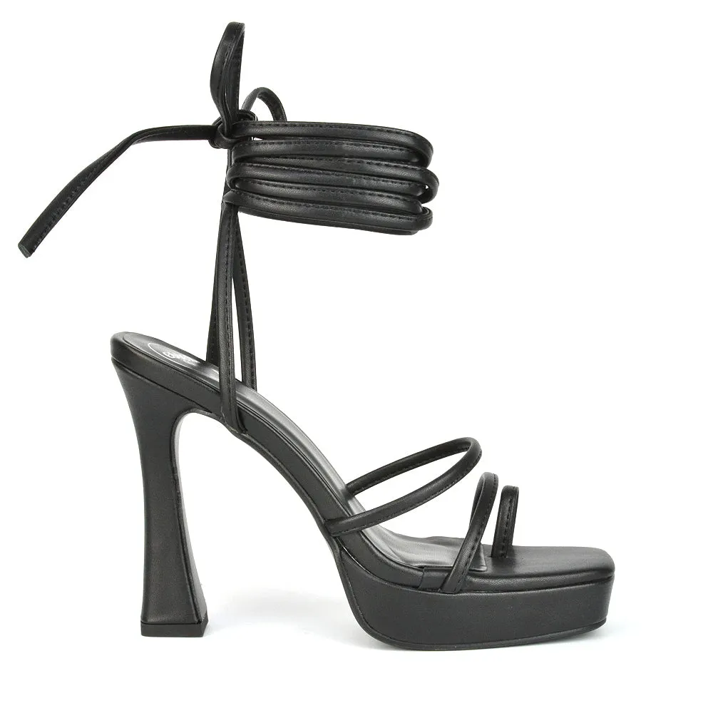 Melrose Toe Post Lace Up Straps Square Toe Platform High Heel in Black Synthetic Leather