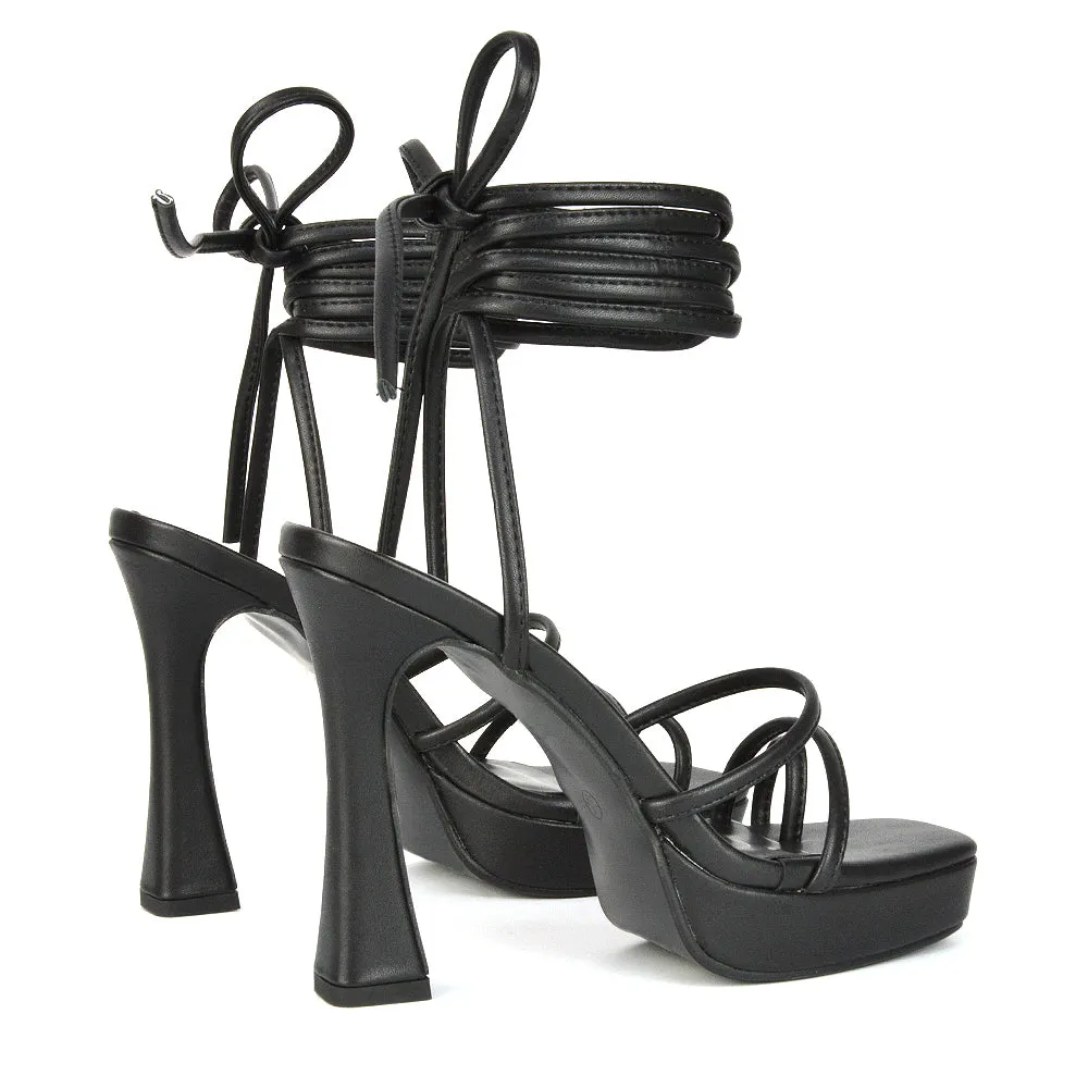 Melrose Toe Post Lace Up Straps Square Toe Platform High Heel in Black Synthetic Leather