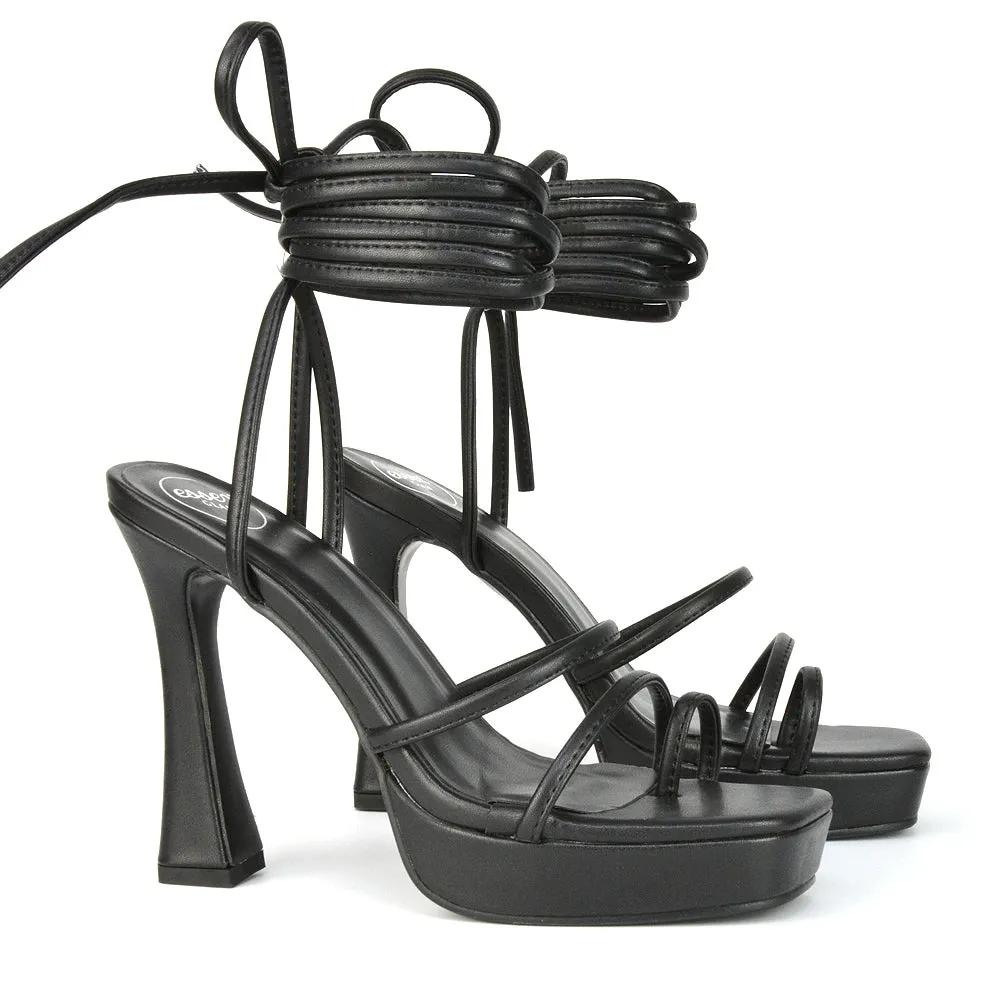 Melrose Toe Post Lace Up Straps Square Toe Platform High Heel in Black Synthetic Leather