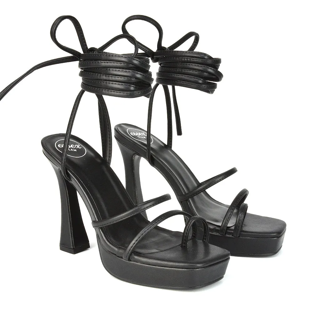 Melrose Toe Post Lace Up Straps Square Toe Platform High Heel in Black Synthetic Leather