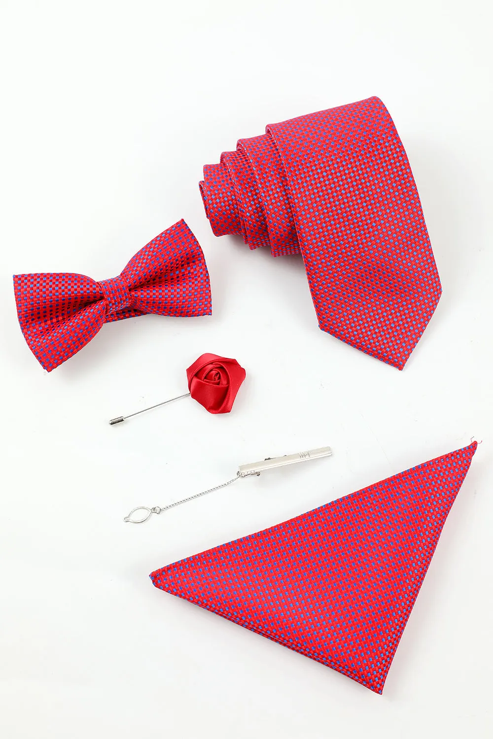 Men's Fuchsia 5-Piece Accessory Set Tie and Bow Tie Pocket Square Flower Lapel Pin Tie Clip