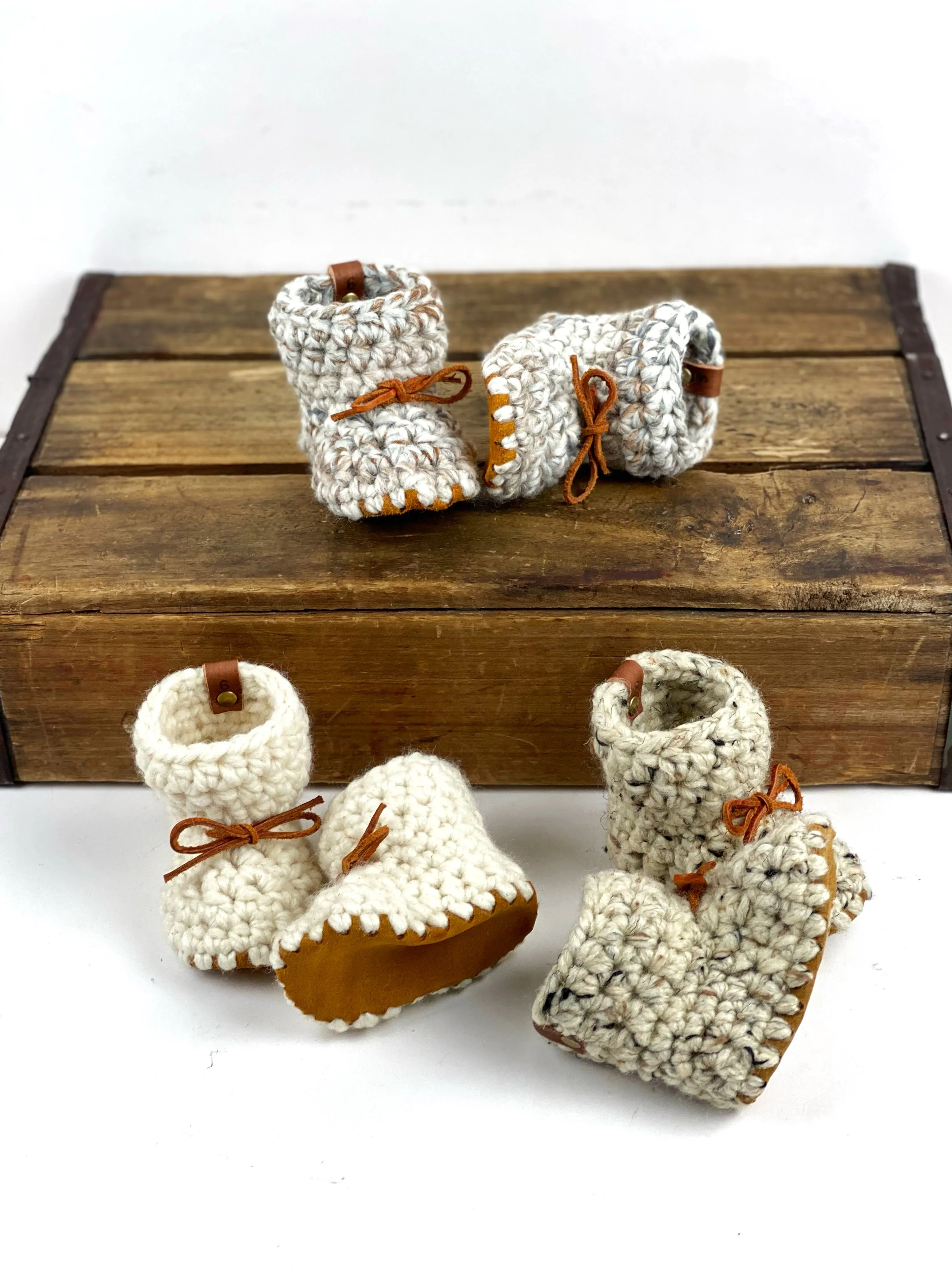 Oatmeal, Fisherman or Fossil Padraig Crocheted Suede Sole Baby Booties Handmade Crochet