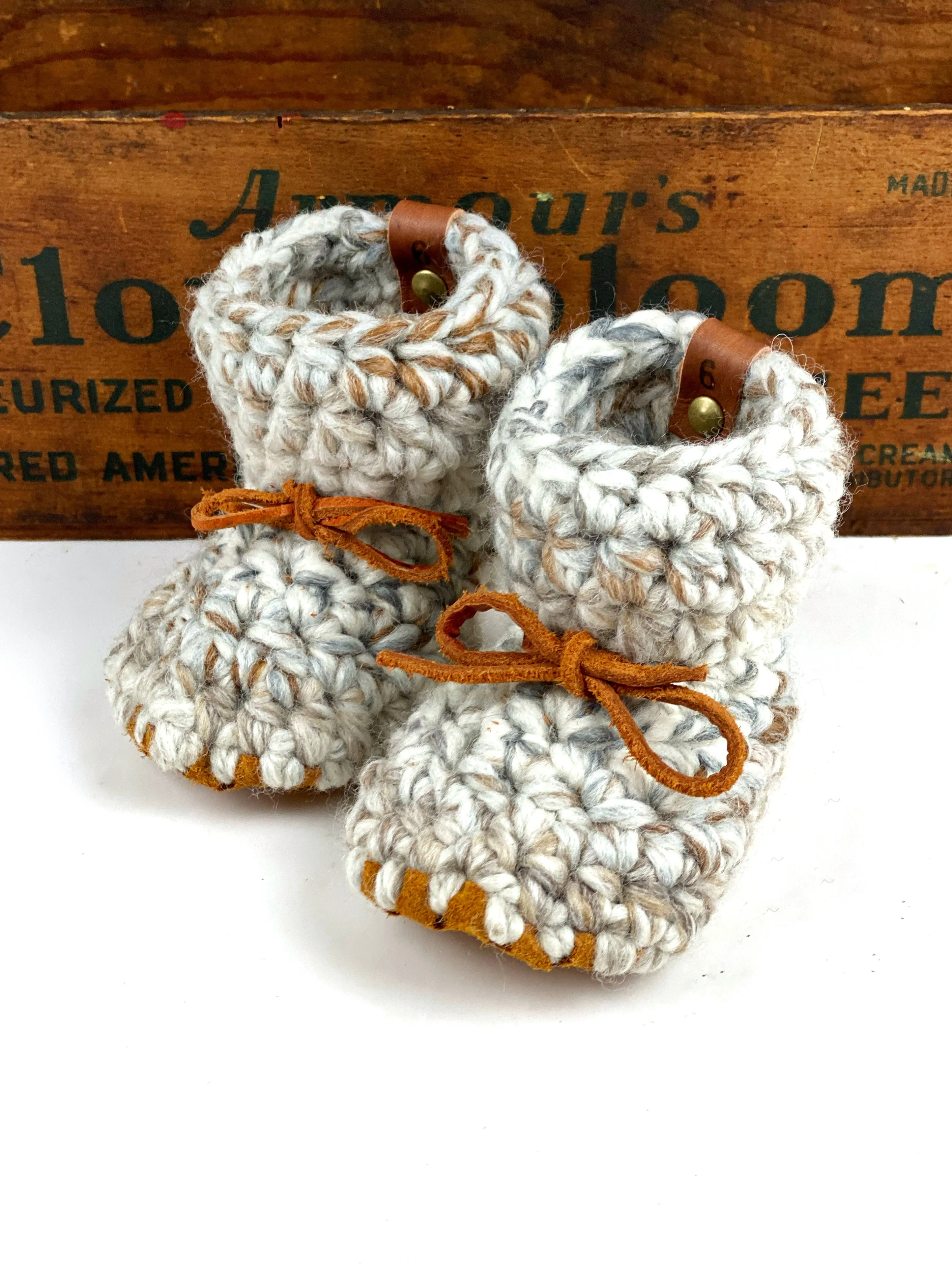 Oatmeal, Fisherman or Fossil Padraig Crocheted Suede Sole Baby Booties Handmade Crochet