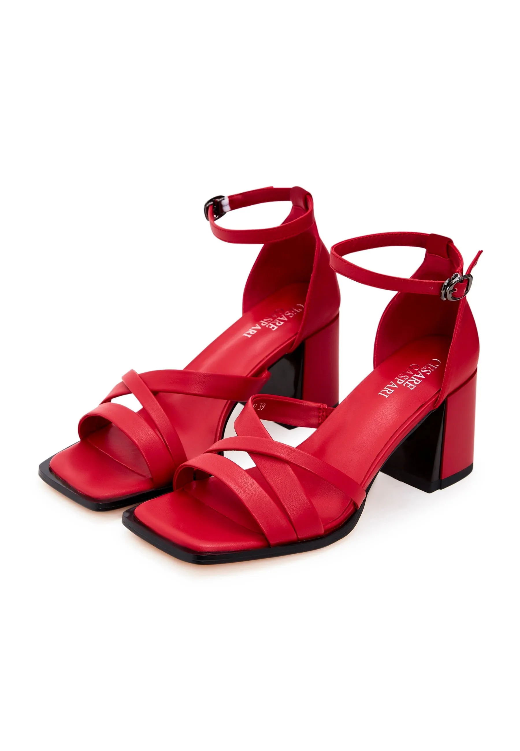 Open Toe Leather Block Heel Sandals - Red