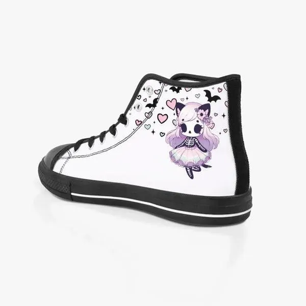 Pastel Goth Skeleton Kitty Canvas Sneaker Hi-Tops -In White & Lavender