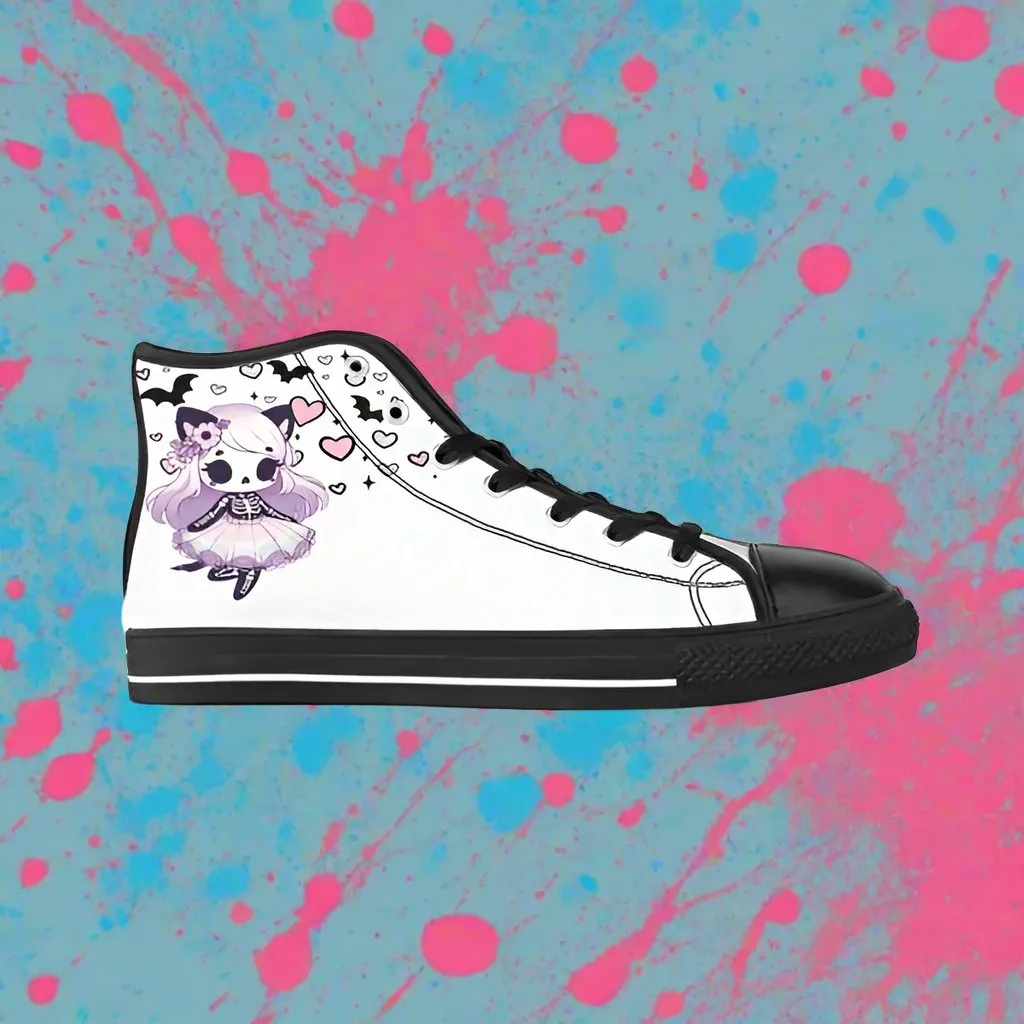 Pastel Goth Skeleton Kitty Canvas Sneaker Hi-Tops -In White & Lavender