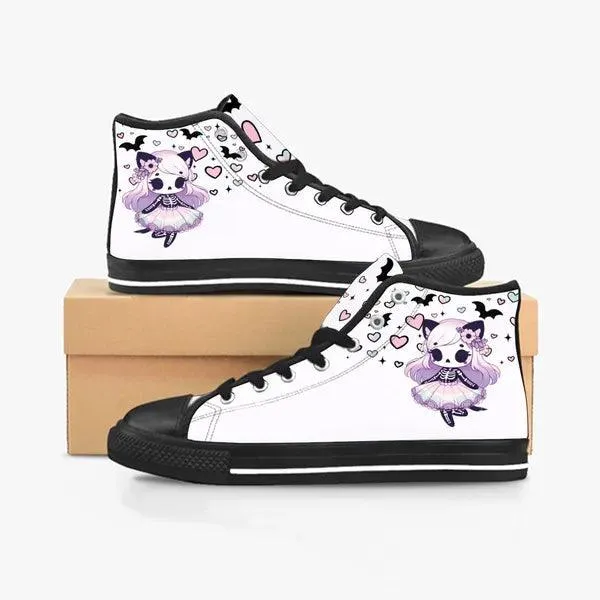 Pastel Goth Skeleton Kitty Canvas Sneaker Hi-Tops -In White & Lavender