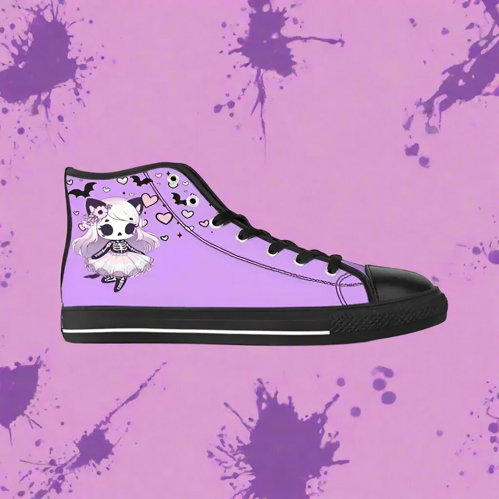 Pastel Goth Skeleton Kitty Canvas Sneaker Hi-Tops -In White & Lavender