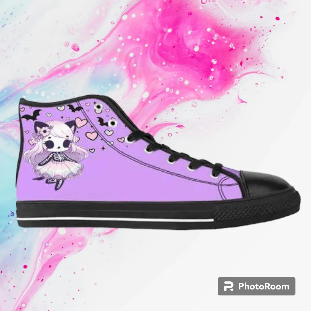 Pastel Goth Skeleton Kitty Canvas Sneaker Hi-Tops -In White & Lavender