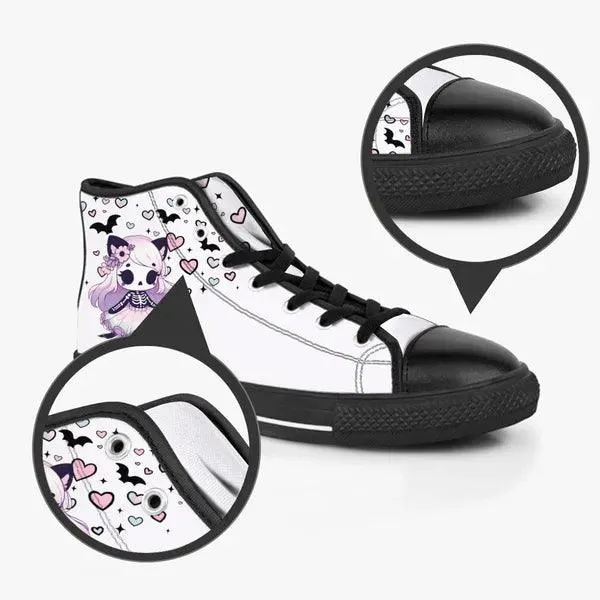 Pastel Goth Skeleton Kitty Canvas Sneaker Hi-Tops -In White & Lavender