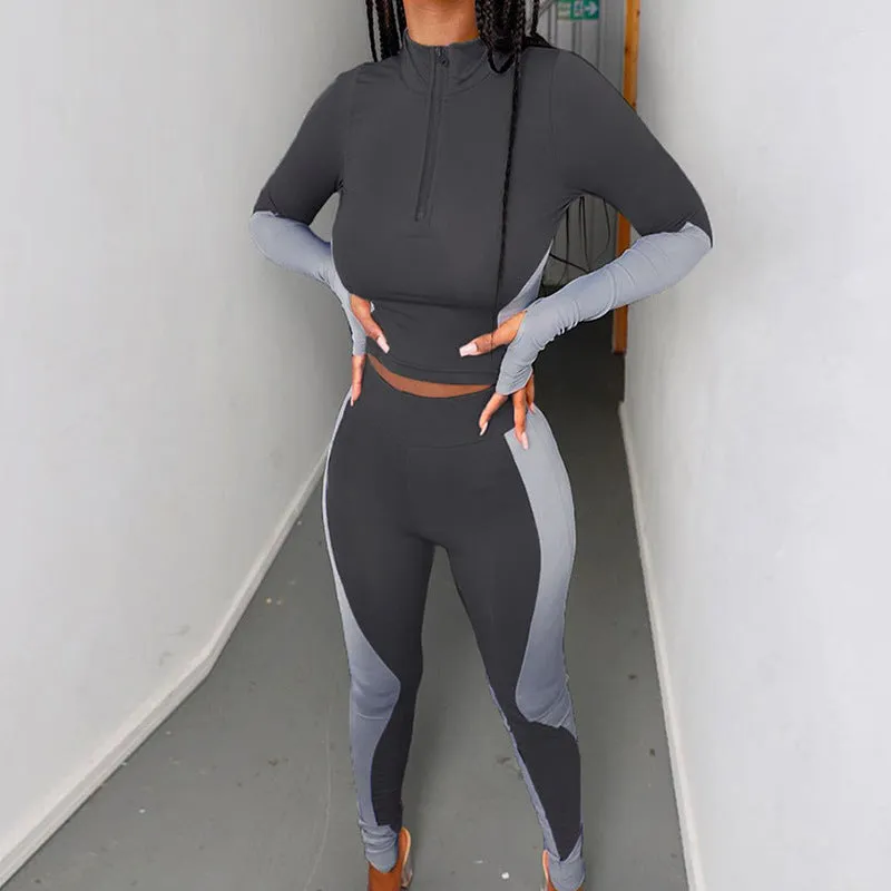 Patchwork Slim Long Sleeve Crop Top   Leggings Wholesale Activewear Sets