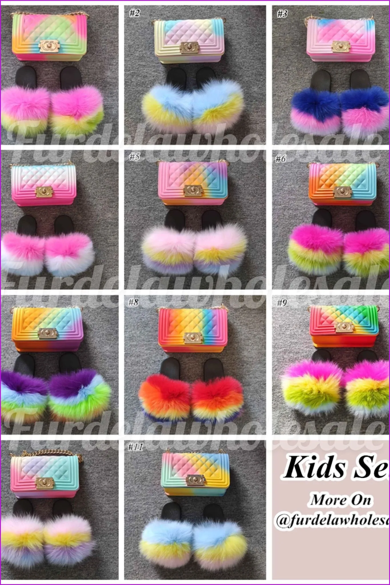 Pink Yellow Green Blue Kids Fluffy Slides & Purse Set #9 F873