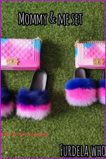 Pink Yellow Green Blue Kids Fluffy Slides & Purse Set #9 F873