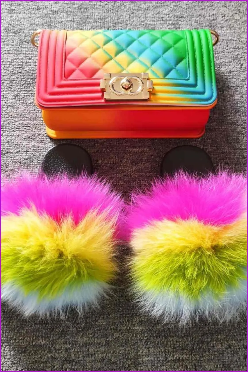 Pink Yellow Green Blue Kids Fluffy Slides & Purse Set #9 F873