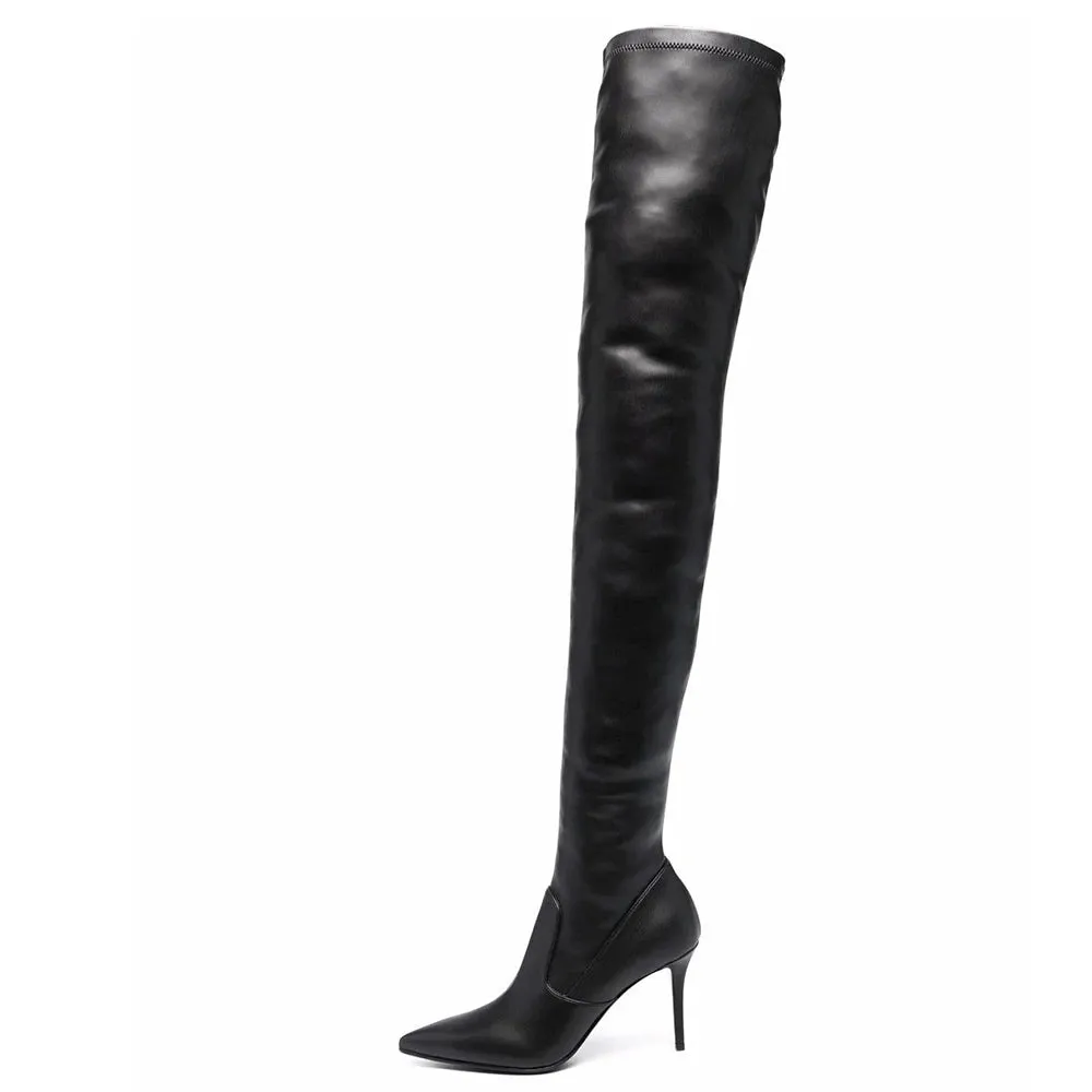 Pointy Toe Knee Mid Heel Legging Stretchy Thigh High Boots  (Plus Size)