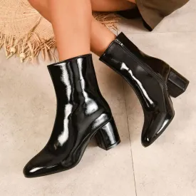 PU patent leather block heels square toe ankle boots with side zipper