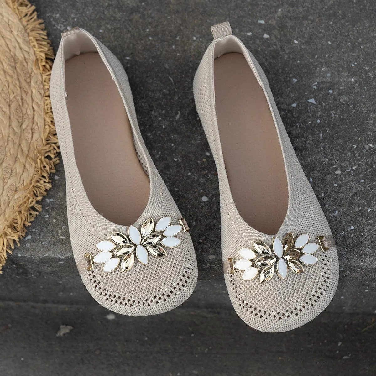 Round Toe Flat Shoes With Floral Metal Decoration Women's Knitted Soft-soled Shoes