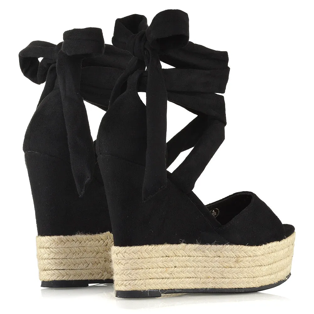 Sansa Strappy Lace up Woven Effect Platform High Heel Sandal Wedges In Black