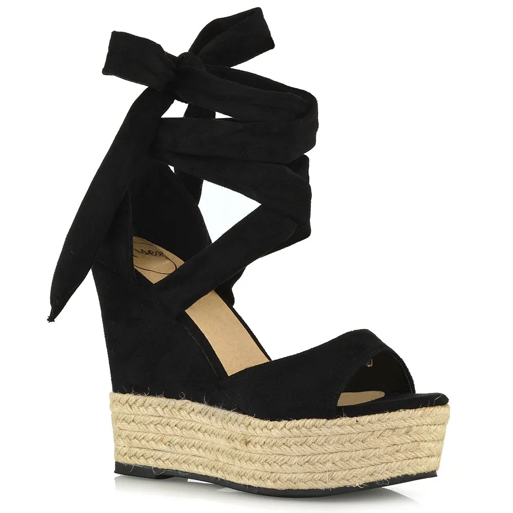 Sansa Strappy Lace up Woven Effect Platform High Heel Sandal Wedges In Black