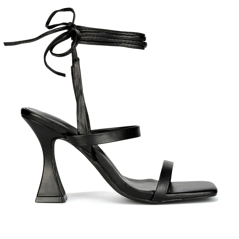 Taytum Square Toe Strappy Lace Up Sandal Flared High Heels in Black Synthetic Leather