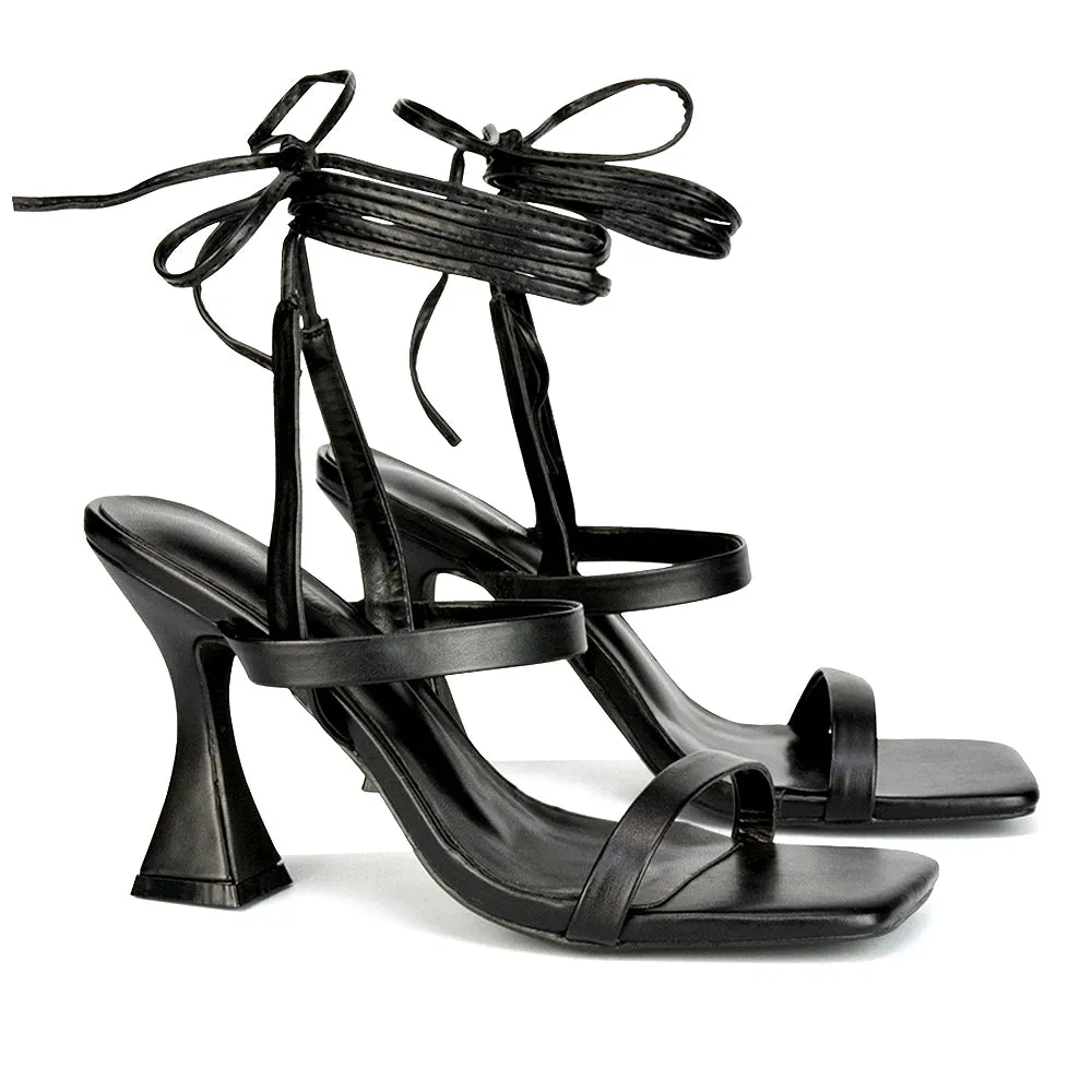 Taytum Square Toe Strappy Lace Up Sandal Flared High Heels in Black Synthetic Leather