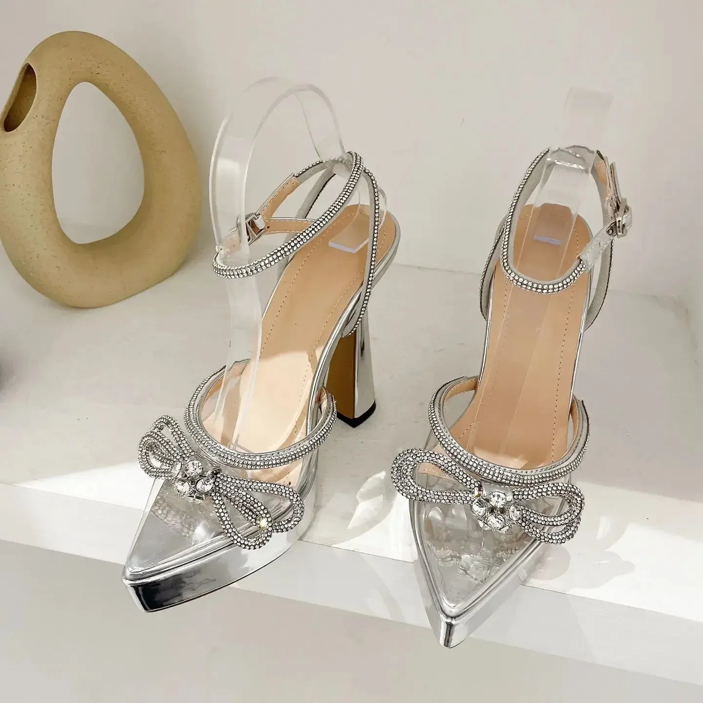 Transparent PVC Cover Pointed Butterfly-knot Chunky High Heel High Heel