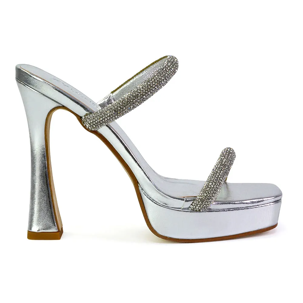 Verony Diamante Strappy Square Toe Platform High Heel Mule Sandals in Gold