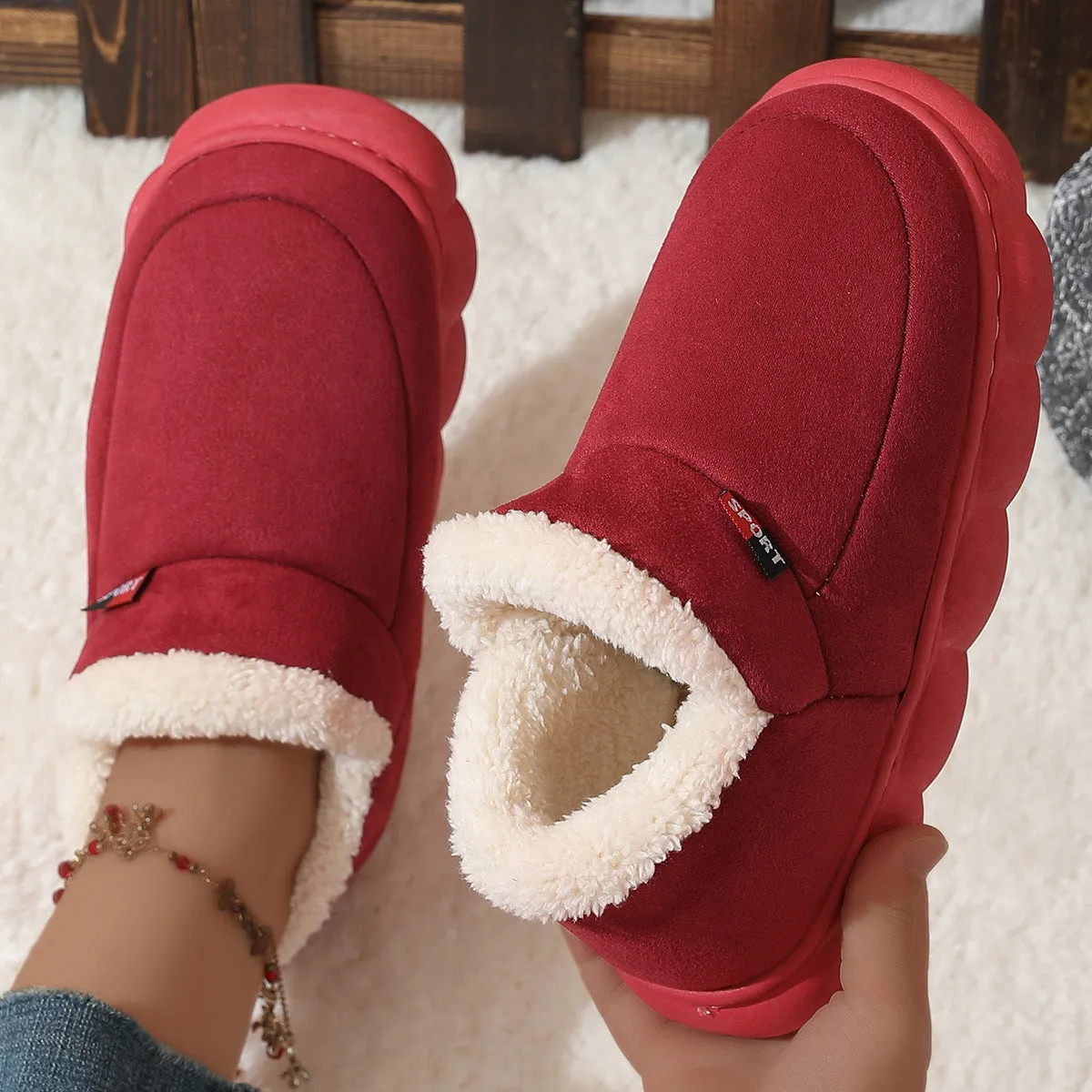 Winter Plush Cotton Shoes Women Men Warm Suede House Shoes For Parents Solid Color Thick-soled Garden Shoes Outdoor