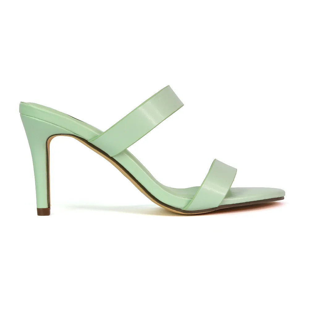 Wolf Round Toe Double Strap Stiletto High Heel Mule Sandals in River Aqua