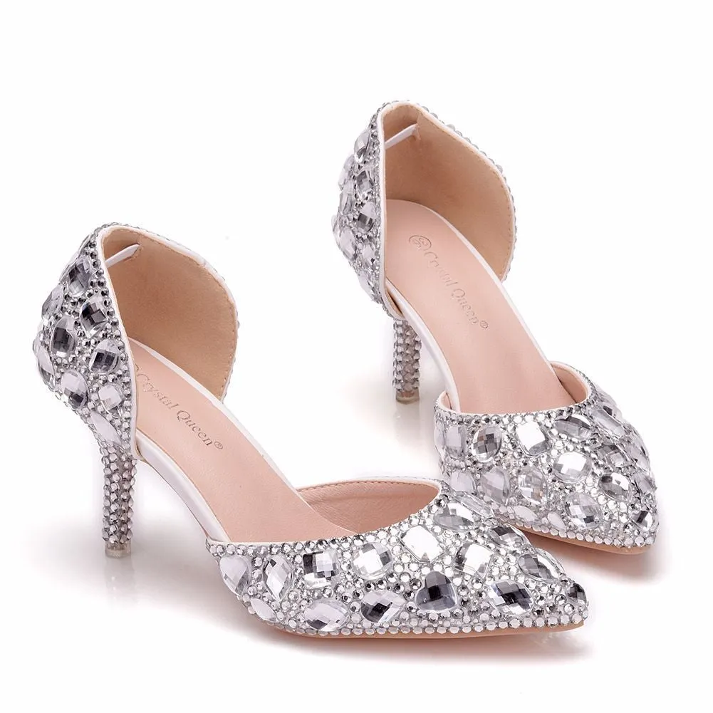 Women cute rhinestone side cut pointed toe stiletto wedding heels