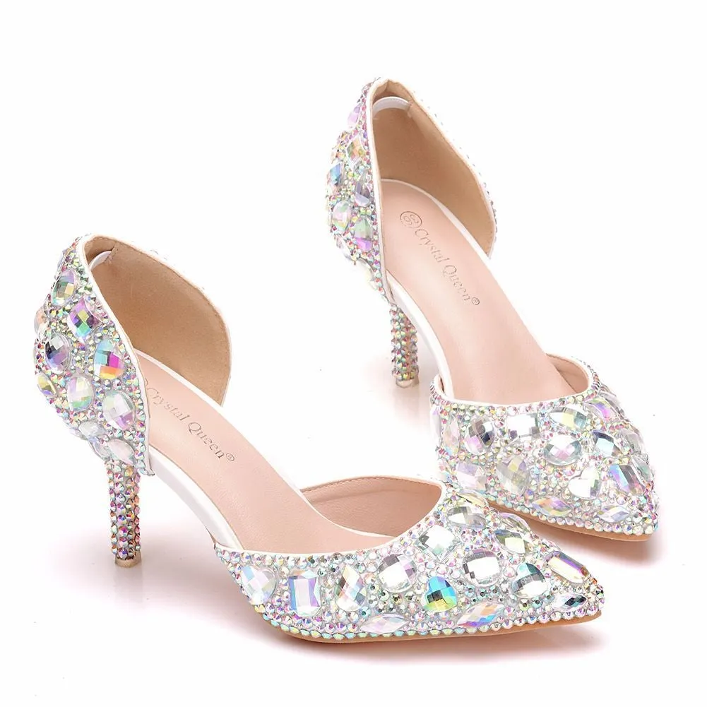 Women cute rhinestone side cut pointed toe stiletto wedding heels