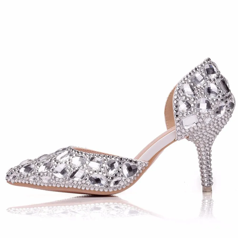 Women cute rhinestone side cut pointed toe stiletto wedding heels