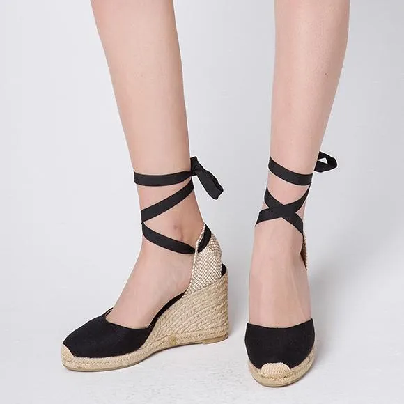 Women lace up closed round toe espadrille wedge sandals