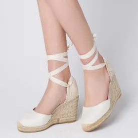 Women lace up closed round toe espadrille wedge sandals