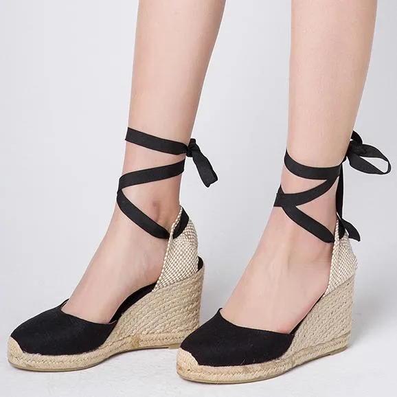 Women lace up closed round toe espadrille wedge sandals