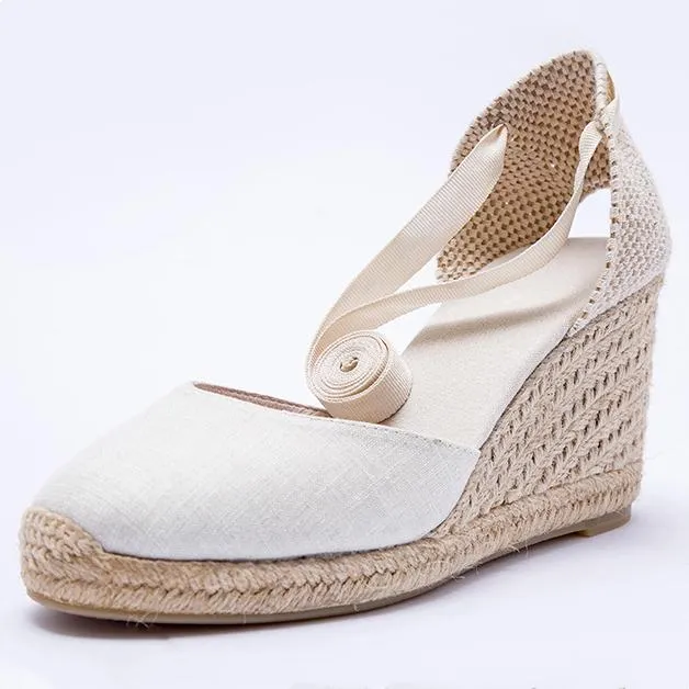 Women lace up closed round toe espadrille wedge sandals