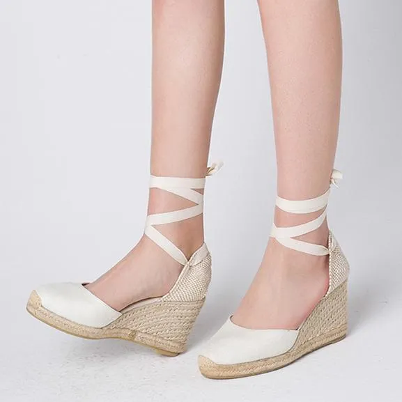 Women lace up closed round toe espadrille wedge sandals